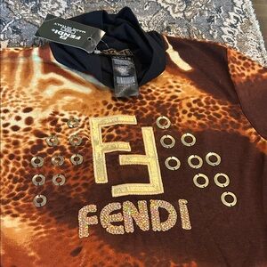 Fendi Jeans Brown and Gold Graphic Tee. NWT. Size S